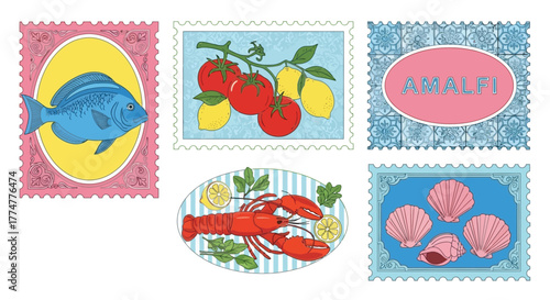 Mediterranean food and sea life themed stamp illustrations isolated on white backdrop