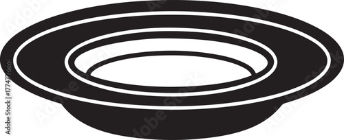 Simple black and white graphic illustration of a plate or shallow dish with concentric rings and a curved rim isolated on white background, Vector, illustration