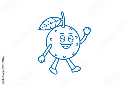 Happy citrus fruit with sleepy eyes and a leaf cheerfully walks forward
