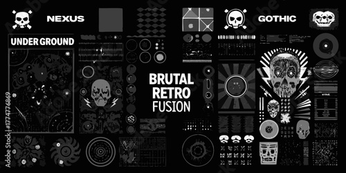 Brutal retro fusion graphic elements collection with skulls nexus underground gothic textures and patterns