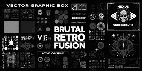 Brutal retro fusion vector graphic box with gothic cyberpunk elements and nexus underground design