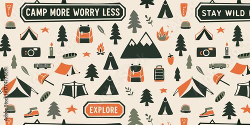 Whimsical camping adventure pattern with mountains tents backpacks and nature elements