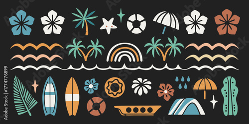 Collection of tropical summer vacation icons and elements on a dark background