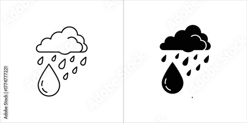 Outline and solid black icon of rain falling from a cloud with a large water drop