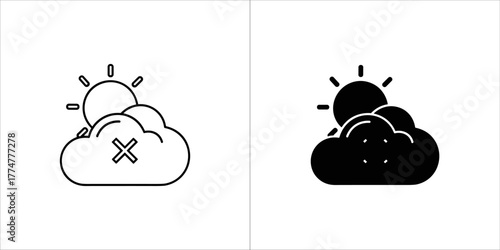 Cloud with sun and cross icon, line art and silhouette