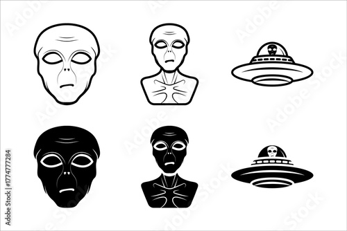 Alien icon set. A set of minimalist black and white illustrations featuring alien heads and UFO spaceships. Clean and simple designs perfect for icons, logos, or graphics.