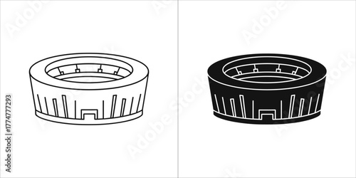 Stadium building, top view, line art and silhouette