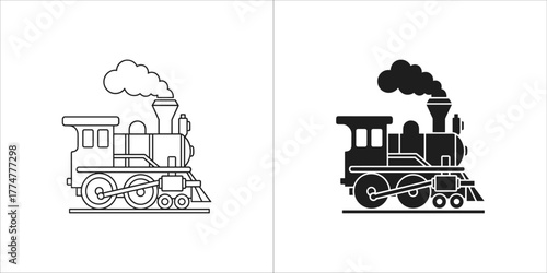 Outline and solid black silhouette of a vintage steam locomotive train
