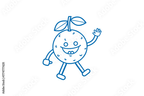 Line art shows happy tangerine character walking and waving its hand cheerfully
