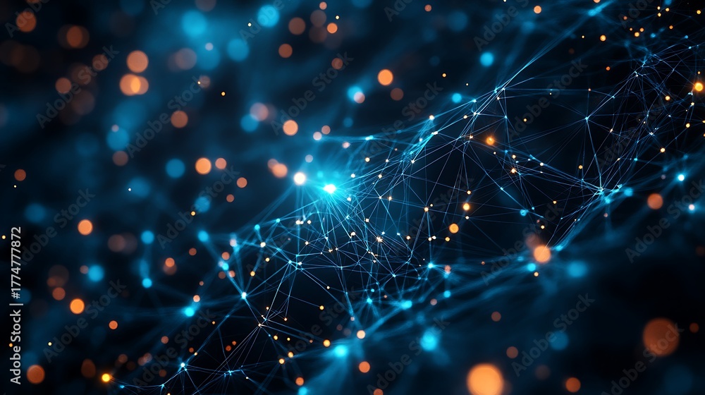 Fototapeta premium Abstract network with blue lines and orange bokeh lights in a dark blue background design concept