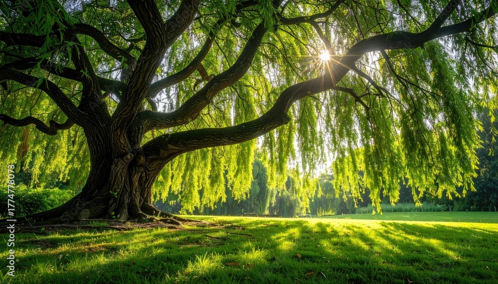 Fototapeta premium Lush Green Meadow Bathed in Golden Sunlight With Large Ancient Tree Casting Long Shadows on a Clear Day