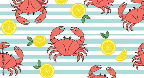 Seamless summer pattern with cute cartoon crabs and lemons on striped background