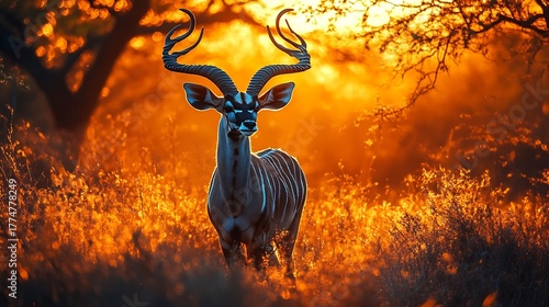Kudu antelope wildlife animal nature sunset african safari with horns in the golden hour light