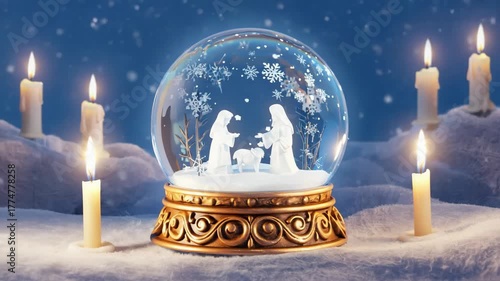 Winter wonderland scene with snow globe and candles. Christmas videos