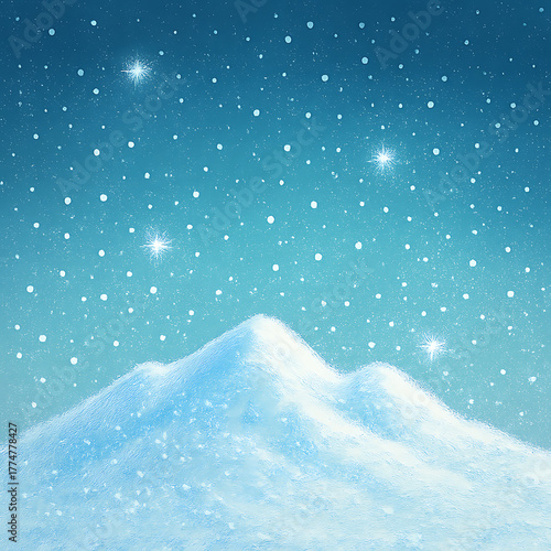 Beautiful winter snowdrift under starry sky, frost covered mountains, serene snowy landscape