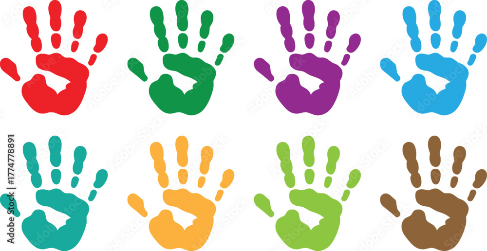 Fototapeta premium Colorful Handprint Vector, Multicolor Palm Art Design for Creativity and Diversity.
