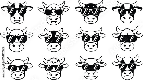 Cartoon cow face vector set, black and white animal expressions, funny cow characters, sunglasses, cute bovine clipart, farm animal icons