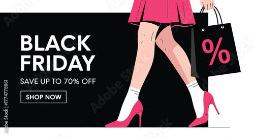 Black Friday Sale Illustration: Woman Shopping with Discount Bag, Save Up to 70% Off