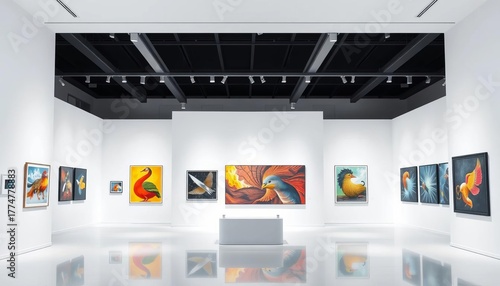 Sleek minimalist white gallery interior with modern art display,  space,  background