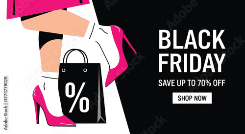 Black Friday sale concept with woman legs, shopping bag and pink heels illustration