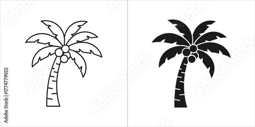 Palm tree icon in outline and solid black silhouette