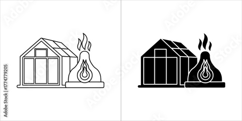 Outline and solid black icon of a greenhouse with fire