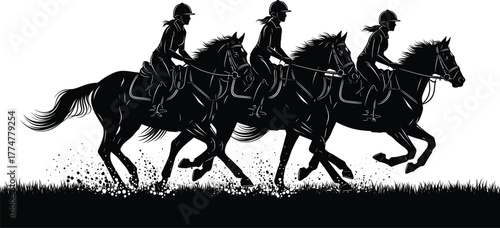 Horse riding silhouette vector, galloping horses with riders, equestrian sport illustration, black and white dynamic motion, helmeted jockeys, racing scene artwork