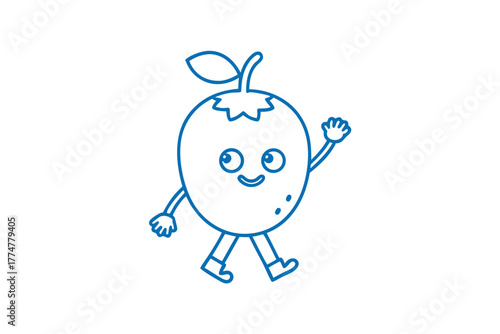 Smiling fruit character with stem and leaves is walking while waving hello cheerfully