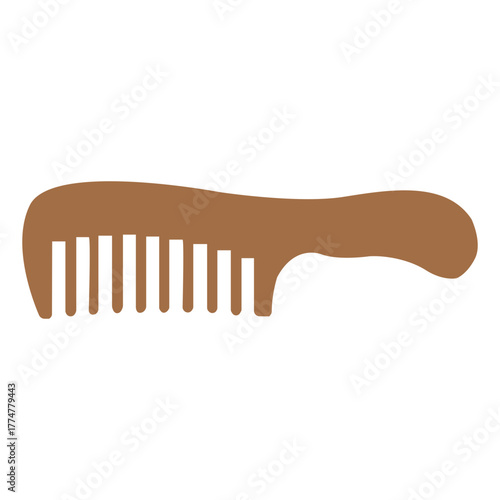 Flat Brown Vector Silhouette of a Wooden Comb or Hair Pick with a Handle, Symbolizing Grooming and Hair Care