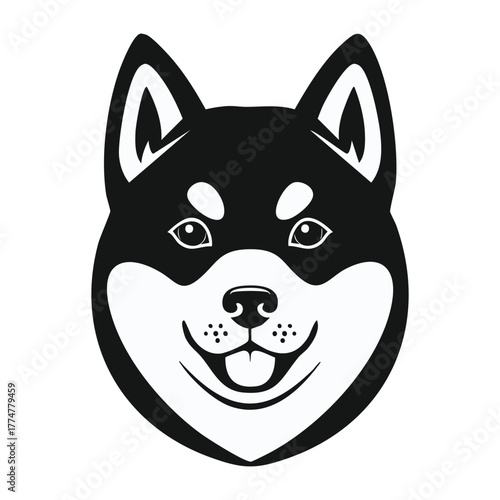High-Contrast Black and White Vector Portrait of a Happy, Smiling Dog Head (like a Shiba Inu or Akita)