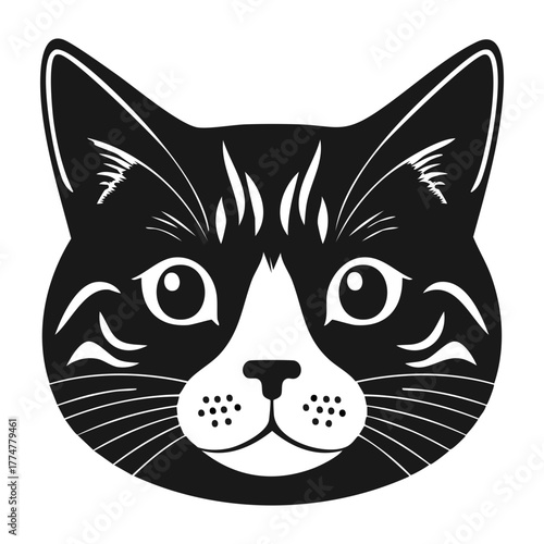 High-Contrast Black and White Vector Portrait of a Cat Head, Featuring Detailed Whiskers and Fur Markings, Ideal for Pet Logos