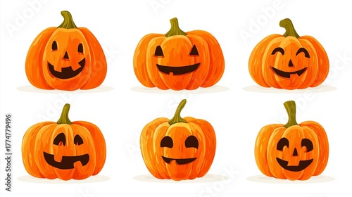 Various smiling and grinning Halloween pumpkins arranged for festive decorations in a cheerful autumn setting
