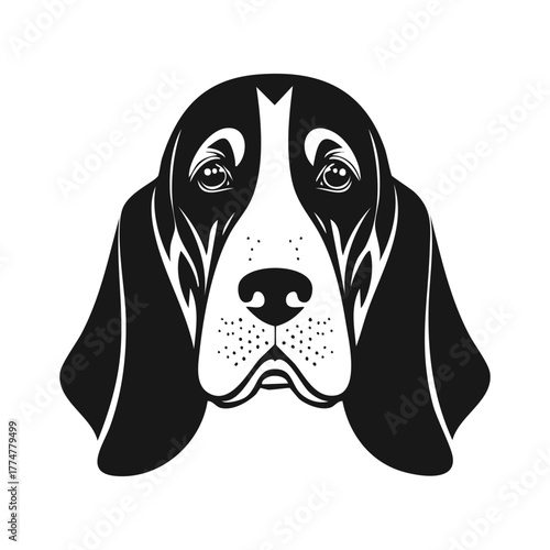 High-Contrast Black and White Vector Portrait of a Basset Hound Dog Head, Featuring Droopy Ears and Sad Eyes