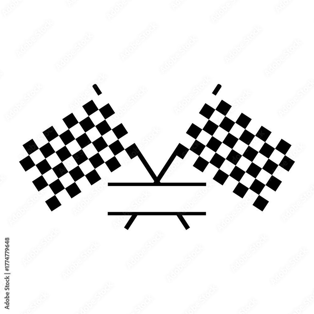 Obraz premium Black and White Outline Vector Design of Two Crossed Checkered Flags, Set Up as a Split Monogram Frame for Adding Personalized Race or Auto Sport Text