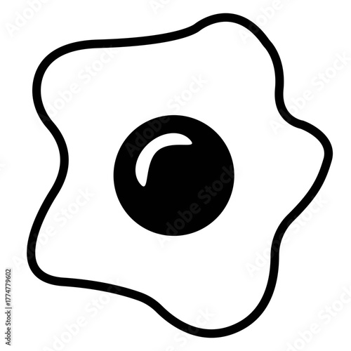 Simple Black Outline Vector Icon of a Fried Egg with a Solid Black Yolk, Ideal for Breakfast, Diner, or Cooking Themes