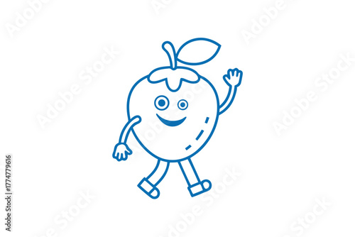 Walking apple outline character smiles and waves its hand in a friendly, cartoon style