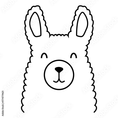 Cute Black Outline Vector Head Portrait of a Happy Llama or Alpaca, Featuring Fluffy Fur Texture, Closed Smiling Eyes, and a Minimalist Cartoon Style