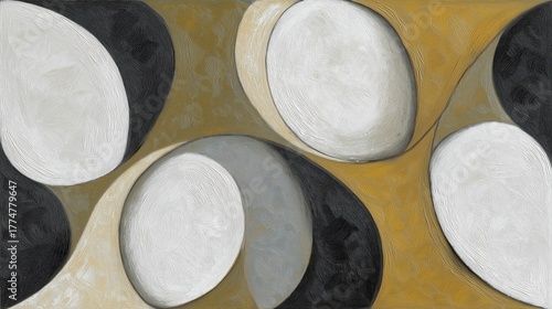 Modern abstract art with curved shapes and contrasting colors on a textured background