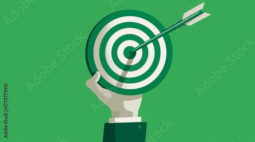 Hand holding a target with an arrow hitting its center against a green background representing success and achievement