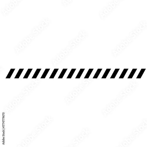 Horizontal Black Dashed Line Vector Divider or Border, Composed of Uniform Diagonal Segments, Ideal for Road Warning Signs, Caution Tapes, or Graphic Design Elements.