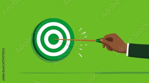 Hand hitting a target with a dart in a bright green background during a focused moment of achievement
