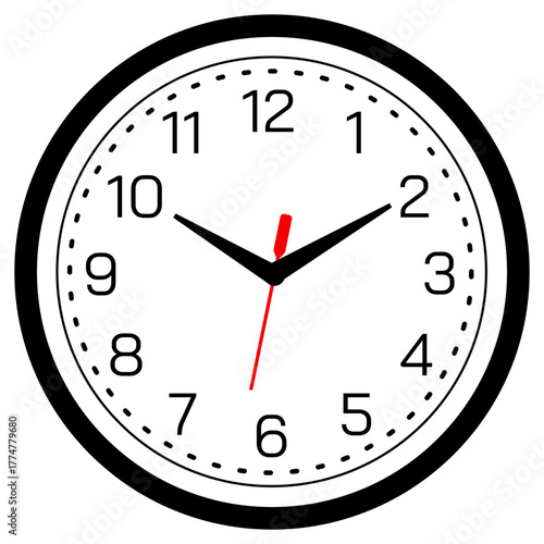 Black and White Circular Analog Wall Clock Vector Icon Showing the Time at Ten Past Ten, with Red Second Hand and Numerical Indicators on a White Face, Illustrating Timekeeping.