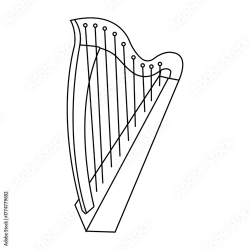 Detailed Black Outline Vector Illustration of a Classical Harp, Featuring the Strings and Frame, Representing Celtic Music, Elegance, and a Stringed Musical Instrument.
