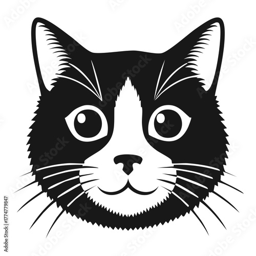 Cute Black and White Tuxedo Cat Face Portrait Icon Vector Illustration Isolated on White Background