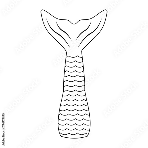 Hand Drawn Outline of Mermaid Fish Tail with Scales Flipper Nautical Fantasy Icon Isolated on White