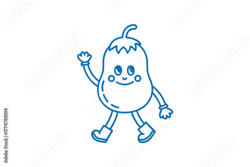 Smiling pear cartoon character with shoes is walking and waving hello cheerfully