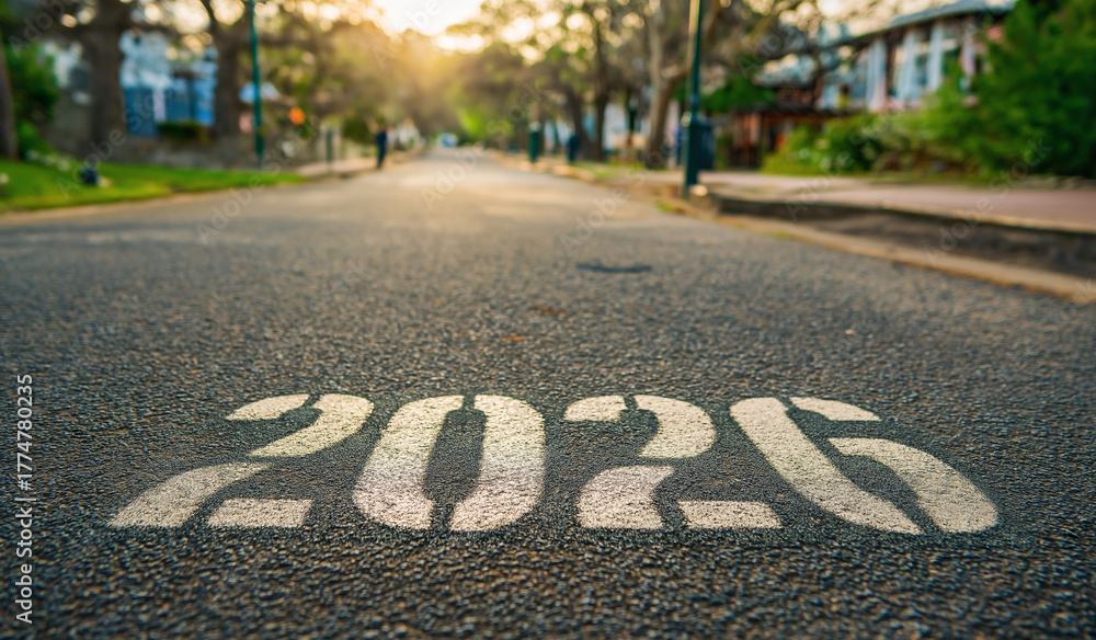 Obraz premium Embrace the dawn of 2026 with optimism, hope, and exciting possibilities for the future ahead on the open road to new beginnings and adventures