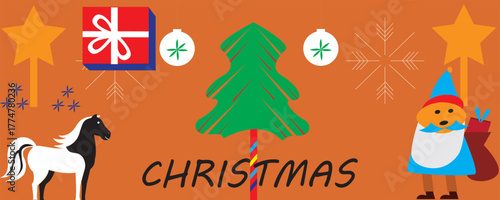 Festive holiday cheer with Christmas tree, Santa, gift, horse, and stars creates a warm and playful mood perfect for seasonal marketing campaigns