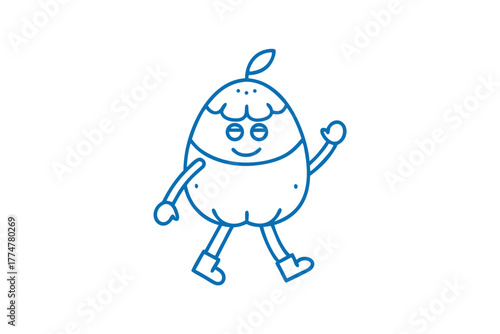 Smiling cartoon fruit character is walking happily with simple blue line art
