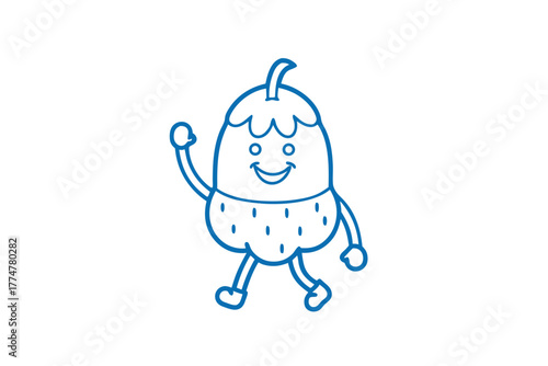 Friendly blue fruit cartoon character waves while walking happily across a white background